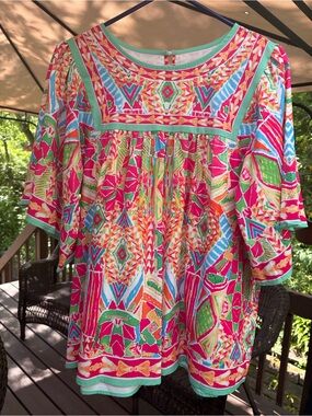 Vibrant L. Multicolor Boho Peasant Top - Women's , flutter sleeves